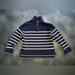 Oysho Navy and White Quarter Zip Striped Sweater- cozy, oversized SMALL